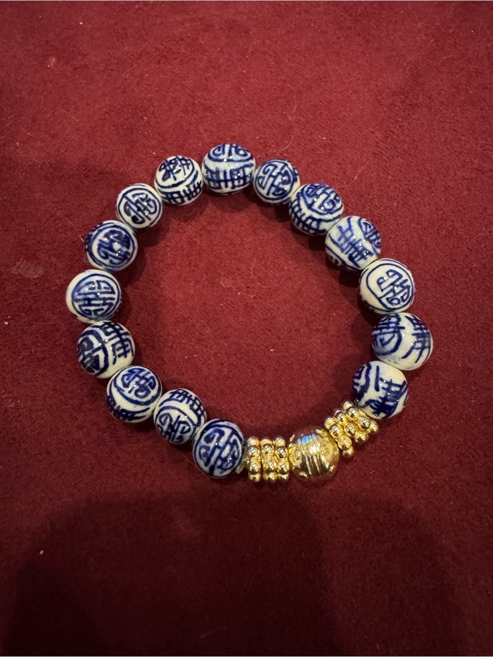 Blue & White Porcelain Bead Bracelet with Gold Accents